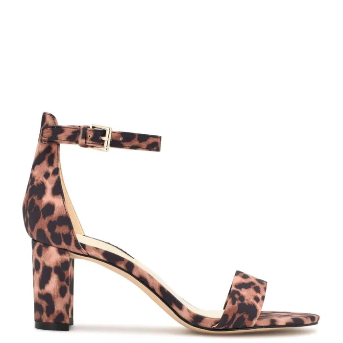 Nine West Sandals Women Pruce Ankle Strap Block Heel Sandals Tan Leopard