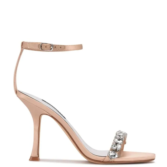 Nine West Sandals Women Yazmin Ankle Strap Dress Sandals Natural Satin Crystal
