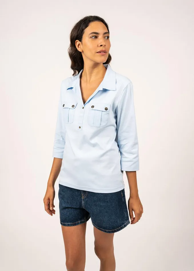 Oleron Polo Shirt With Sleeve 100 Cotton Comfort Fit Lightblue Women Saint James TShirts and Tops Oleron Polo Shirt With Sleeve 100 Cotton Comfort Fit Lightblue Women Saint James TShirts and Tops