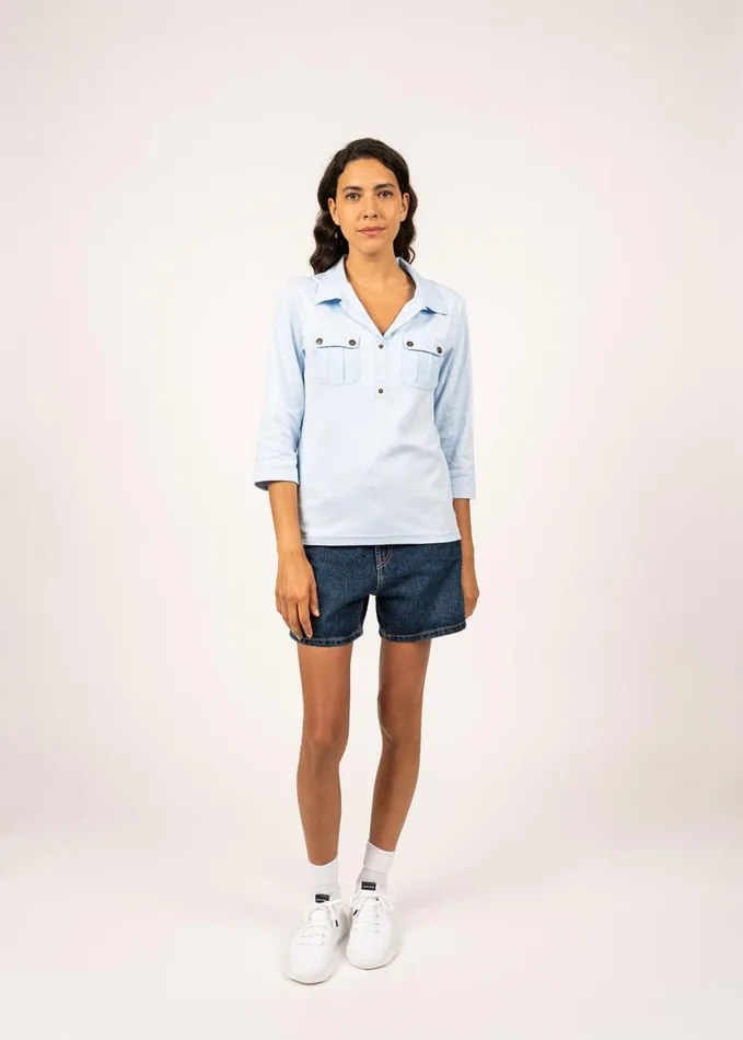 Oleron Polo Shirt With Sleeve 100 Cotton Comfort Fit Lightblue Women Saint James TShirts and Tops
