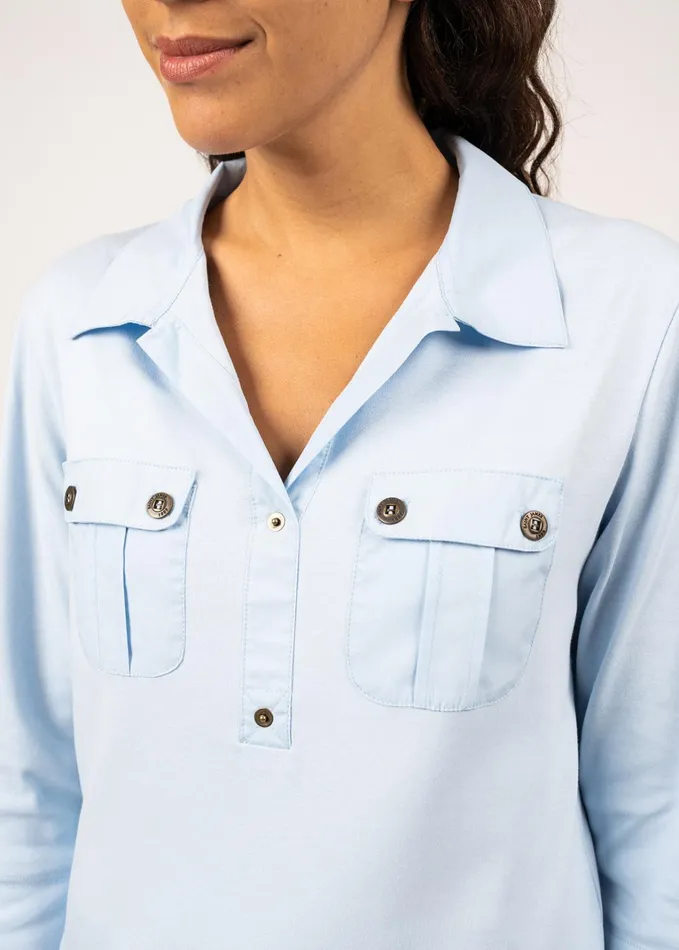 Oleron Polo Shirt With Sleeve 100 Cotton Comfort Fit Lightblue Women Saint James TShirts and Tops