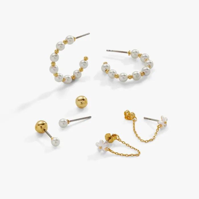 Pearl Hoop Daisy Stud Earrings Set Of 3 Gold Women Alex And Ani Jewelry Sets
