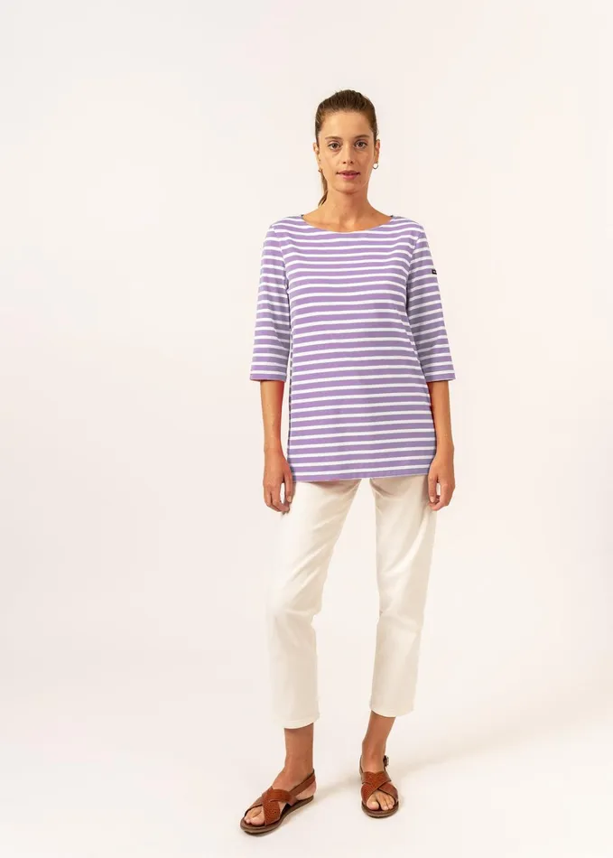 Phare Boat Neck Striped Tunic With Slits Stretch Fabric With Uv Protection Lilacwhite Women Saint James Breton Striped Shirts Phare Boat Neck Striped Tunic With Slits Stretch Fabric With Uv Protection Lilacwhite Women Saint James Breton Striped Shirts