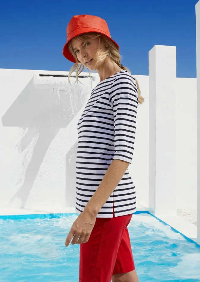 Phare Boat Neck Striped Tunic With Slits Stretch Fabric With Uv Protection Whitenavy Women Saint James Breton Striped Shirts Phare Boat Neck Striped Tunic With Slits Stretch Fabric With Uv Protection Whitenavy Women Saint James Breton Striped Shirts