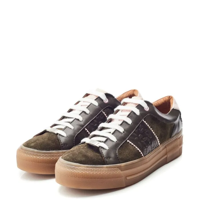 Platform Trainers Women Moda In Pelle Amande Khaki Leather