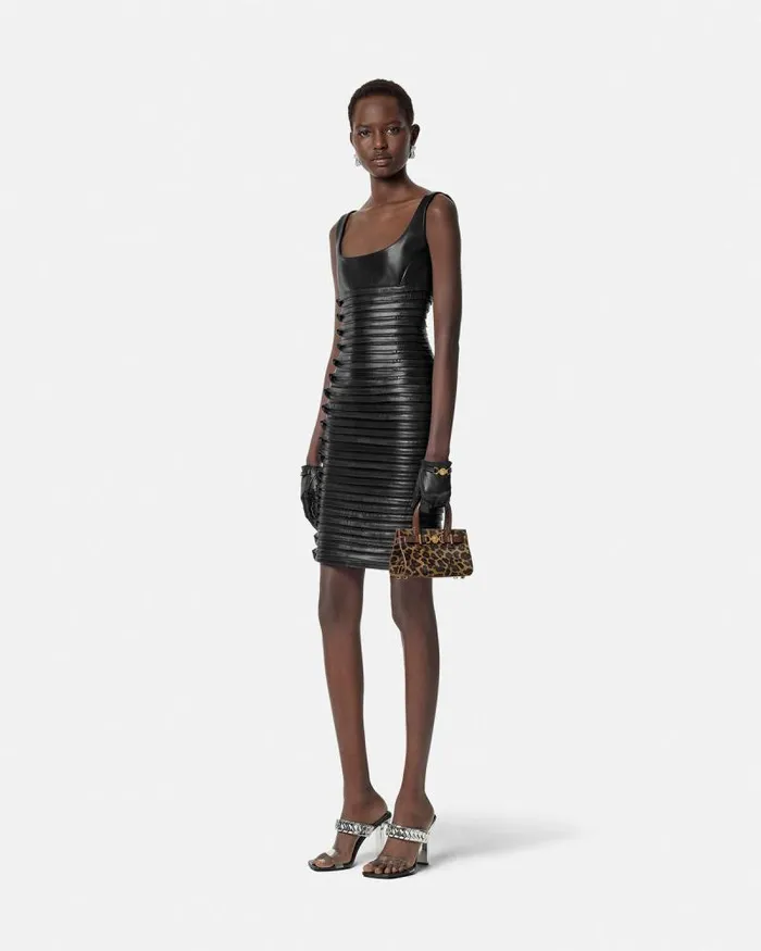 Plong Leather Scoop Fitted Mini Dress Black Women Versace Dresses