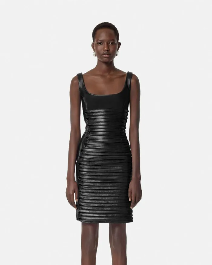 Plong Leather Scoop Fitted Mini Dress Black Women Versace Dresses