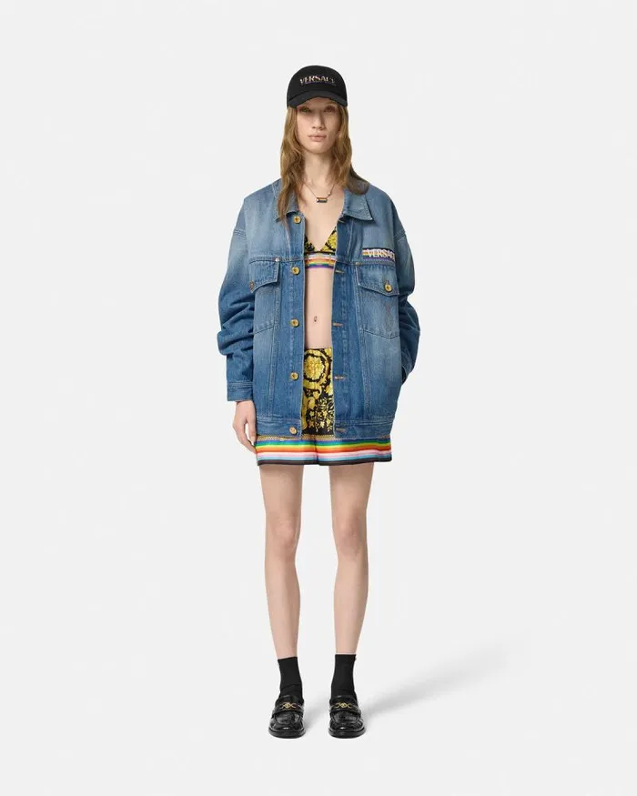 Pride Barocco Oversized Denim Jacket Blue Women Versace Outerwear and Coats