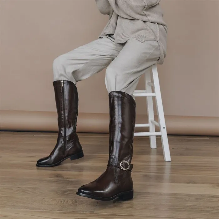 Riding And Flat Boots Women Moda In Pelle Takari Brown Leather