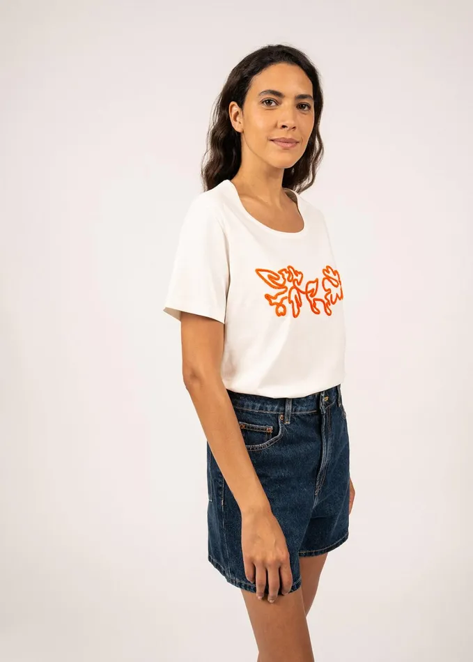 Sandy Tee With Embossed Flower Embroidery 100 Cotton Ivoryneonorange Women Saint James TShirts and Tops