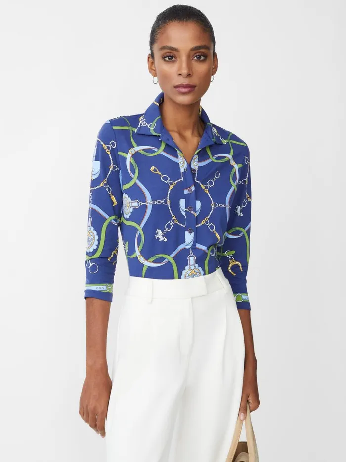 Shirts and Tops Women JMcLaughlin Court 34 Sleeve Polo In Fairfax Crest Navygreenblue