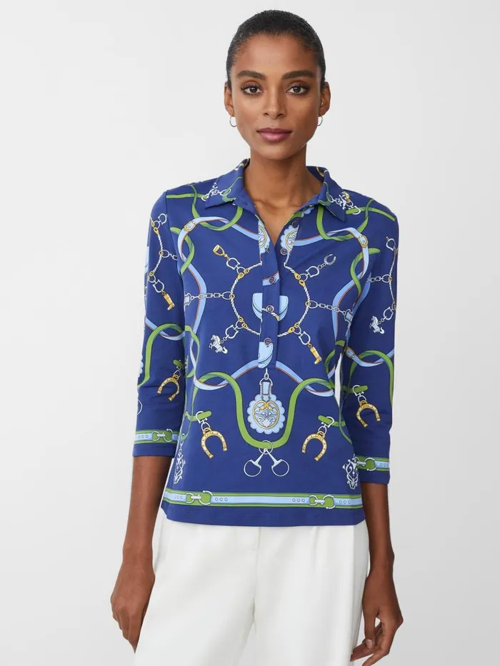 Shirts and Tops Women JMcLaughlin Court 34 Sleeve Polo In Fairfax Crest Navygreenblue Shirts and Tops Women JMcLaughlin Court 34 Sleeve Polo In Fairfax Crest Navygreenblue