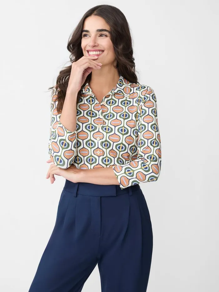 Shirts and Tops Women JMcLaughlin Court 34 Sleeve Polo In Mod Orbit Creamnavygreen Shirts and Tops Women JMcLaughlin Court 34 Sleeve Polo In Mod Orbit Creamnavygreen