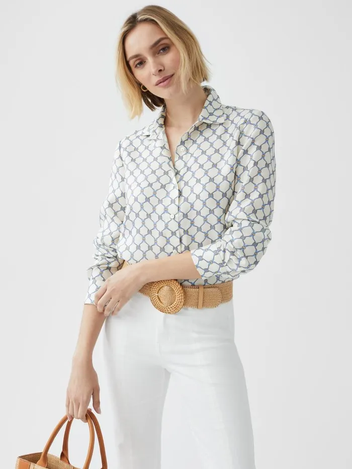 Shirts and Tops Women JMcLaughlin Denver Silk Blend Shirt In Sussex Interlock Off Whiteblue