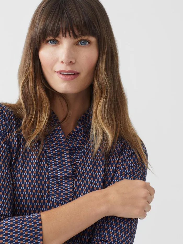 Shirts and Tops Women JMcLaughlin Durham Ruffle Top In Rubiks Check Navybrown Shirts and Tops Women JMcLaughlin Durham Ruffle Top In Rubiks Check Navybrown
