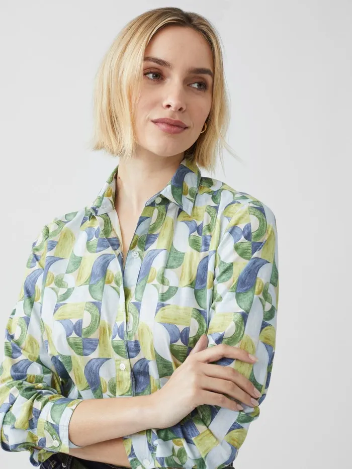 Shirts and Tops Women JMcLaughlin Lois Shirt In Mini Geometric Harmony Light Bluegreennavy