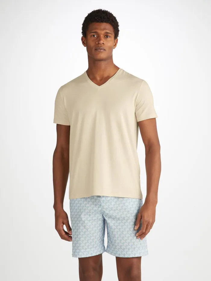 Short Sleeve TShirts Men Derek Rose VNeck TShirt Basel Micro Modal Stretch Ecru Short Sleeve TShirts Men Derek Rose VNeck TShirt Basel Micro Modal Stretch Ecru