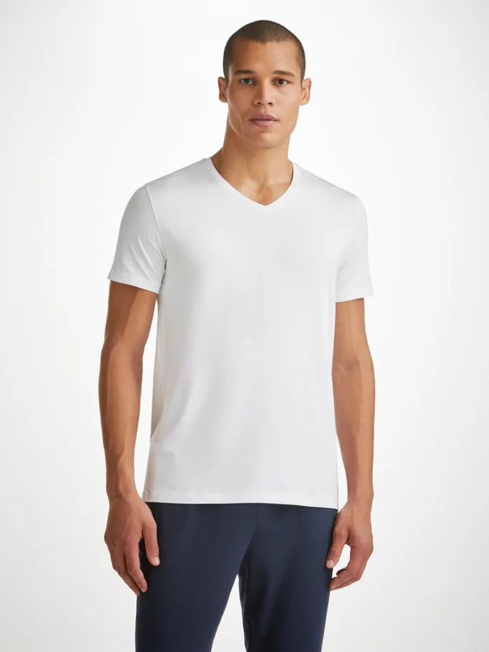Short Sleeve TShirts Men Derek Rose VNeck TShirt Basel Micro Modal Stretch White Short Sleeve TShirts Men Derek Rose VNeck TShirt Basel Micro Modal Stretch White