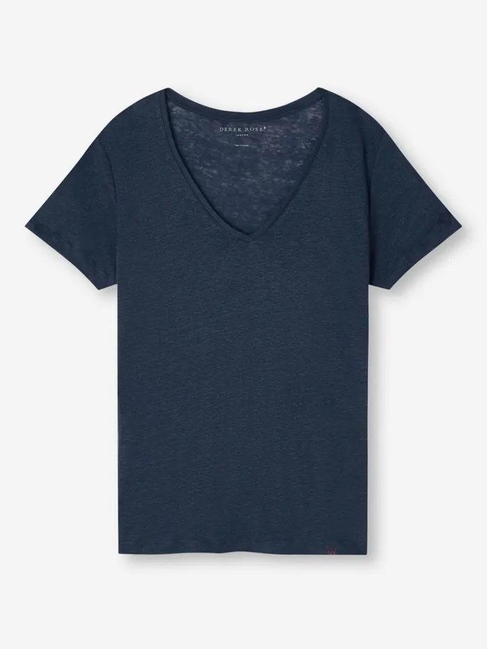 Short Sleeve TShirts Women Derek Rose VNeck TShirt Jordan Linen Navy