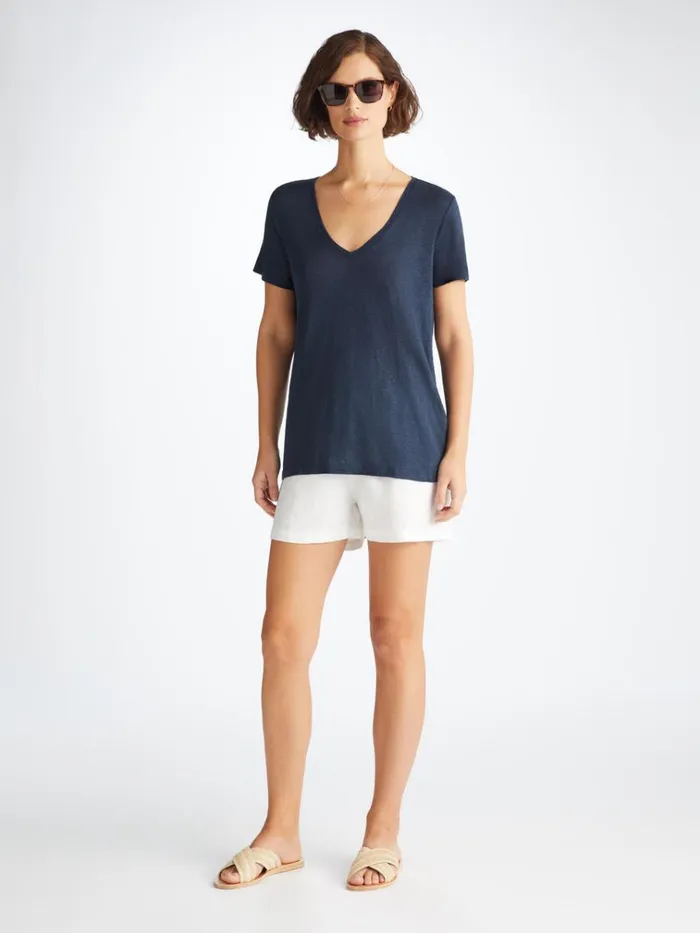 Short Sleeve TShirts Women Derek Rose VNeck TShirt Jordan Linen Navy