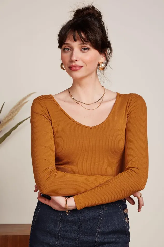 Tops and Shirts Women King Louie Carice V Top Uni Rib Maple Orange 8211 Uni Rib