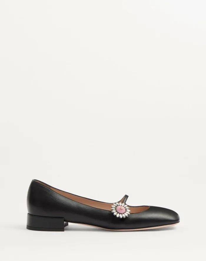 Valentino Ballerinas Woman Maryjane Preshoes Ballerina In Kidskin With Jewel Button 20mm For Woman In Ivorycrystalturquoise Ivorycrystalturquoise