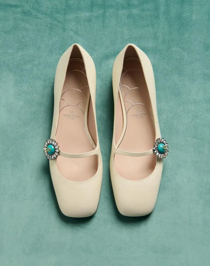 Valentino Ballerinas Woman Maryjane Preshoes Ballerina In Kidskin With Jewel Button 20mm For Woman In Ivorycrystalturquoise Ivorycrystalturquoise