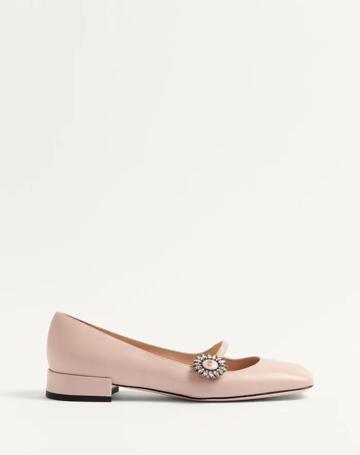 Valentino Ballerinas Woman Maryjane Preshoes Ballerina In Kidskin With Jewel Button 20mm For Woman In Ivorycrystalturquoise Ivorycrystalturquoise