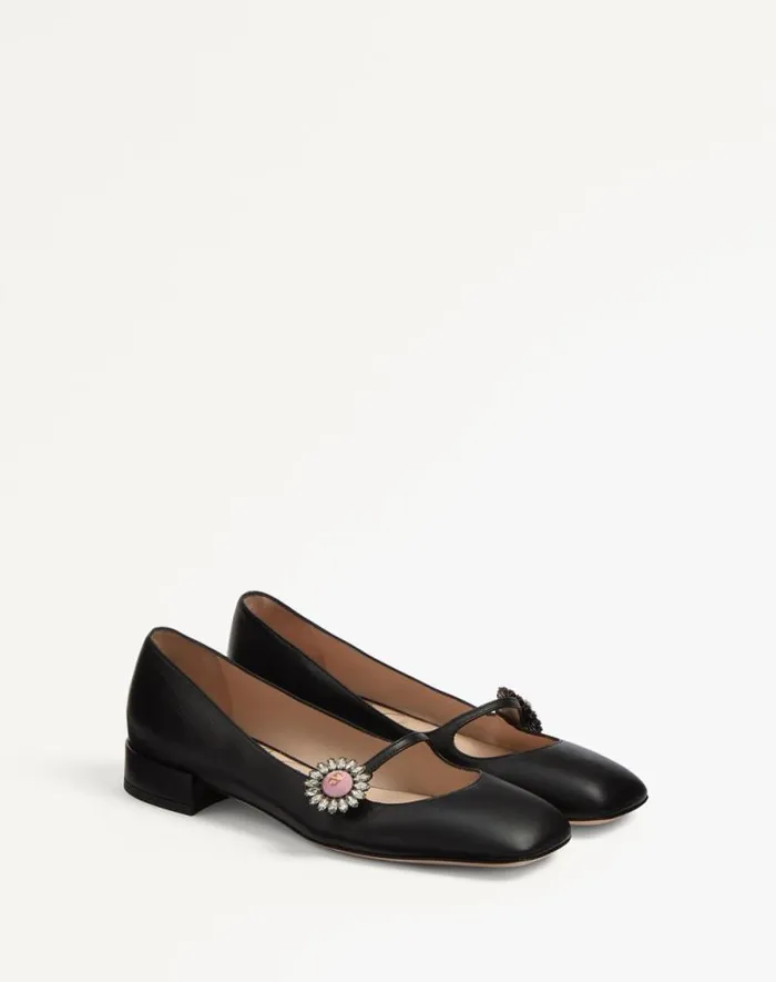 Valentino Ballerinas Woman Maryjane Preshoes Ballerina In Kidskin With Jewel Button 20mm For Woman In Ivorycrystalturquoise Ivorycrystalturquoise