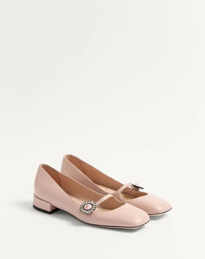 Valentino Ballerinas Woman Maryjane Preshoes Ballerina In Kidskin With Jewel Button 20mm For Woman In Ivorycrystalturquoise Ivorycrystalturquoise