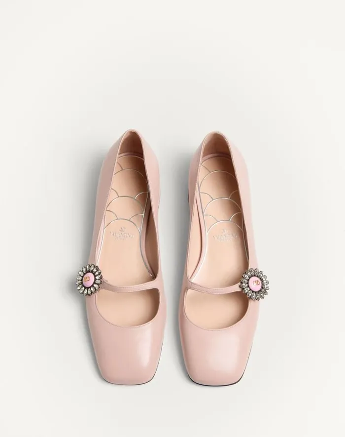 Valentino Ballerinas Woman Maryjane Preshoes Ballerina In Kidskin With Jewel Button 20mm For Woman In Ivorycrystalturquoise Ivorycrystalturquoise