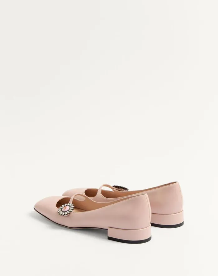 Valentino Ballerinas Woman Maryjane Preshoes Ballerina In Kidskin With Jewel Button 20mm For Woman In Ivorycrystalturquoise Ivorycrystalturquoise
