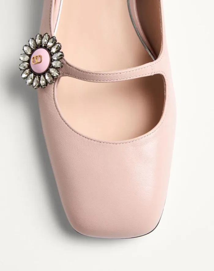 Valentino Ballerinas Woman Maryjane Preshoes Ballerina In Kidskin With Jewel Button 20mm For Woman In Ivorycrystalturquoise Ivorycrystalturquoise