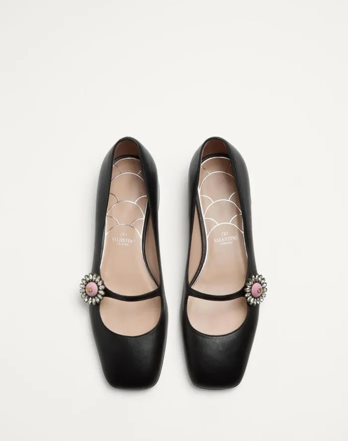 Valentino Ballerinas Woman Maryjane Preshoes Ballerina In Kidskin With Jewel Button 20mm For Woman In Ivorycrystalturquoise Ivorycrystalturquoise