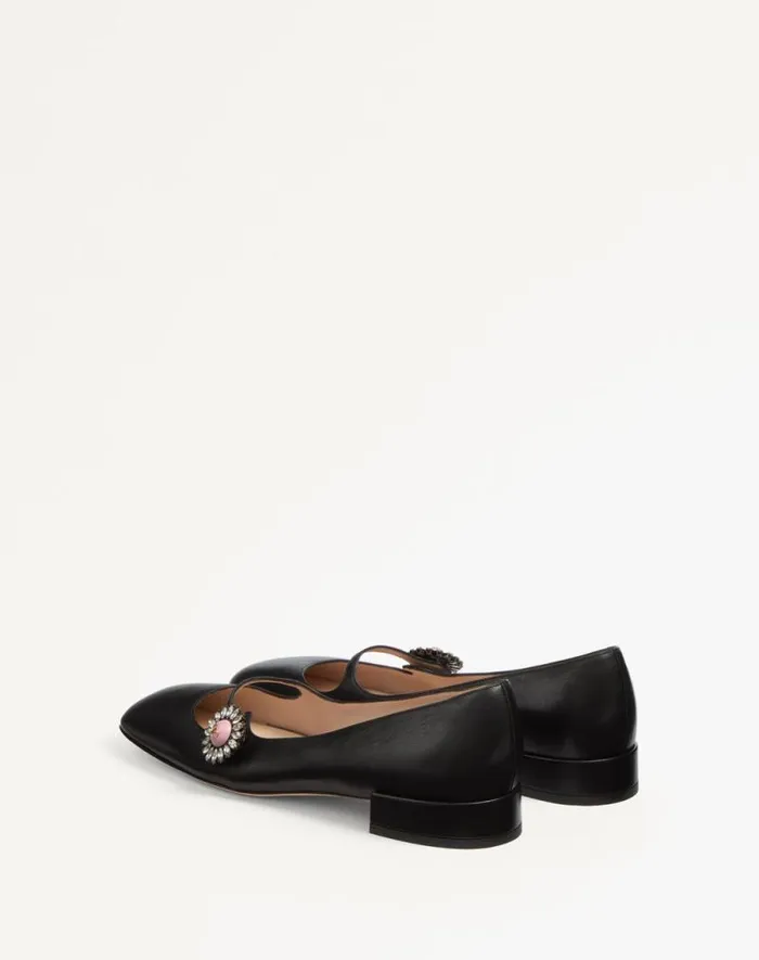 Valentino Ballerinas Woman Maryjane Preshoes Ballerina In Kidskin With Jewel Button 20mm For Woman In Ivorycrystalturquoise Ivorycrystalturquoise