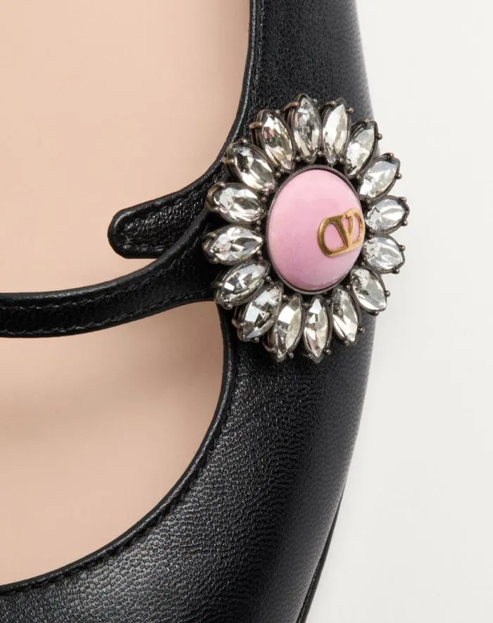 Valentino Ballerinas Woman Maryjane Preshoes Ballerina In Kidskin With Jewel Button 20mm For Woman In Ivorycrystalturquoise Ivorycrystalturquoise