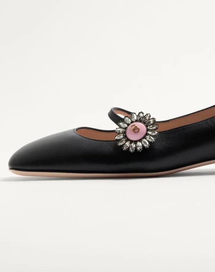 Valentino Ballerinas Woman Maryjane Preshoes Ballerina In Kidskin With Jewel Button 20mm For Woman In Ivorycrystalturquoise Ivorycrystalturquoise