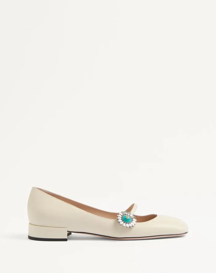 Valentino Ballerinas Woman Maryjane Preshoes Ballerina In Kidskin With Jewel Button 20mm For Woman In Ivorycrystalturquoise Ivorycrystalturquoise