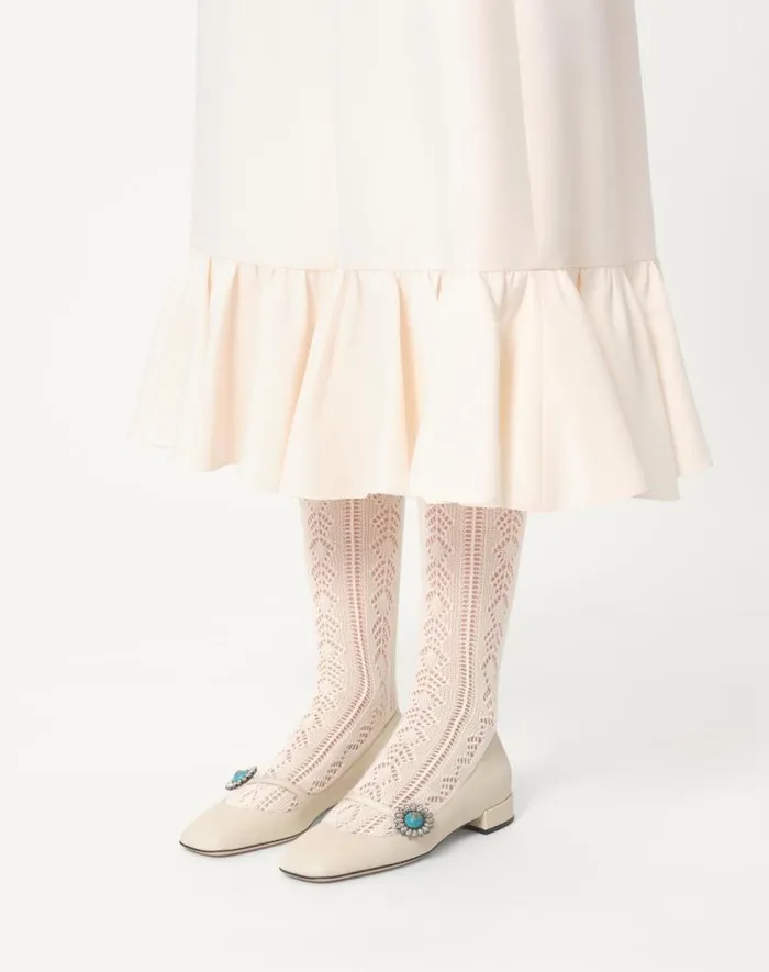 Valentino Ballerinas Woman Maryjane Preshoes Ballerina In Kidskin With Jewel Button 20mm For Woman In Ivorycrystalturquoise Ivorycrystalturquoise