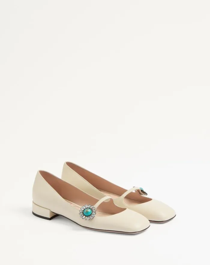 Valentino Ballerinas Woman Maryjane Preshoes Ballerina In Kidskin With Jewel Button 20mm For Woman In Ivorycrystalturquoise Ivorycrystalturquoise