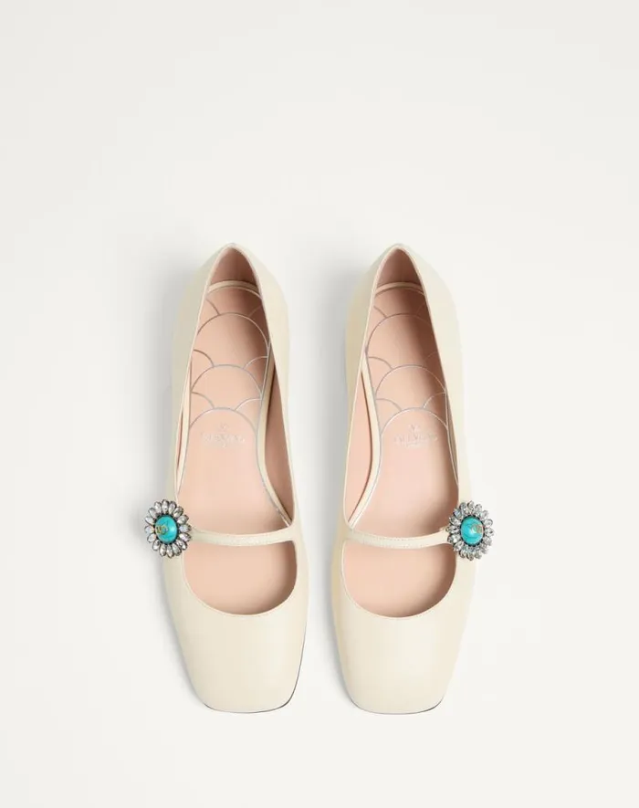 Valentino Ballerinas Woman Maryjane Preshoes Ballerina In Kidskin With Jewel Button 20mm For Woman In Ivorycrystalturquoise Ivorycrystalturquoise