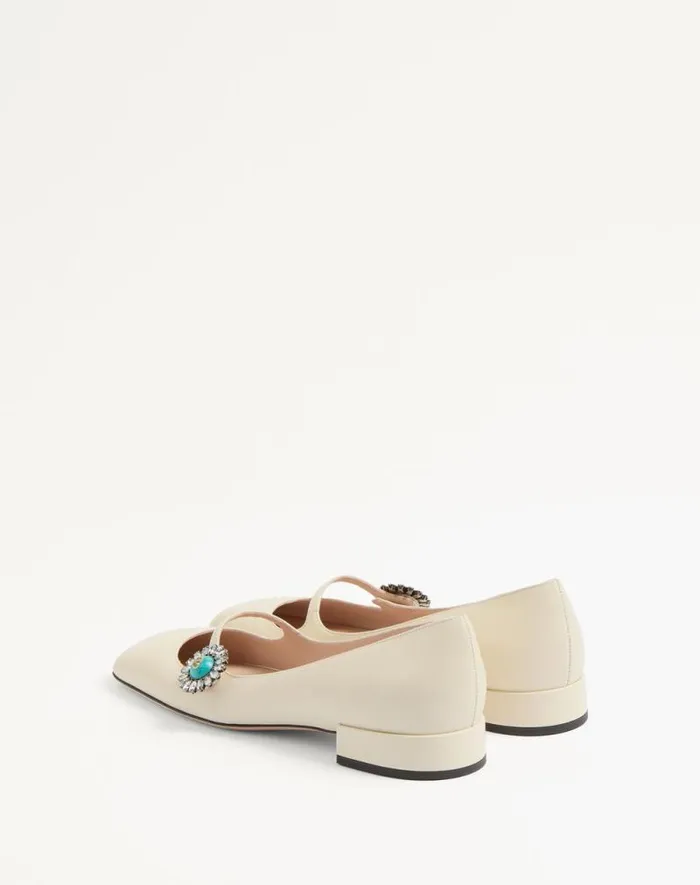 Valentino Ballerinas Woman Maryjane Preshoes Ballerina In Kidskin With Jewel Button 20mm For Woman In Ivorycrystalturquoise Ivorycrystalturquoise