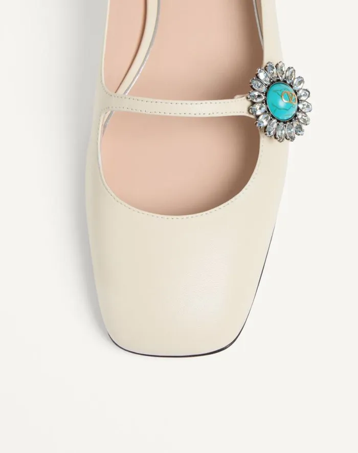 Valentino Ballerinas Woman Maryjane Preshoes Ballerina In Kidskin With Jewel Button 20mm For Woman In Ivorycrystalturquoise Ivorycrystalturquoise