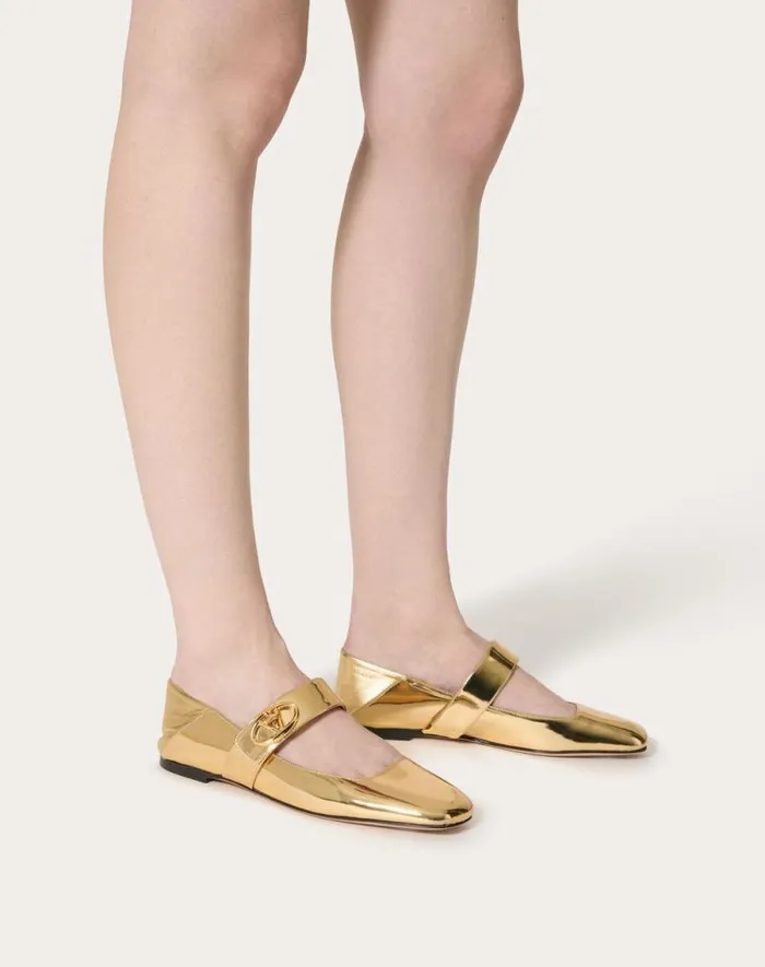 Valentino Ballerinas Woman Maryjane Vlogo Locker Ballerina In Mirrored Calfskin For Woman In Gold Gold Valentino Ballerinas Woman Maryjane Vlogo Locker Ballerina In Mirrored Calfskin For Woman In Gold Gold