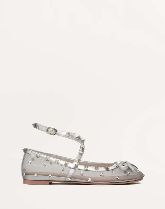 Valentino Ballerinas Woman Rockstud Mesh Ballerina With Crystals For Woman In Pastel Graysilver Pastel Graysilver Valentino Ballerinas Woman Rockstud Mesh Ballerina With Crystals For Woman In Pastel Graysilver Pastel Graysilver