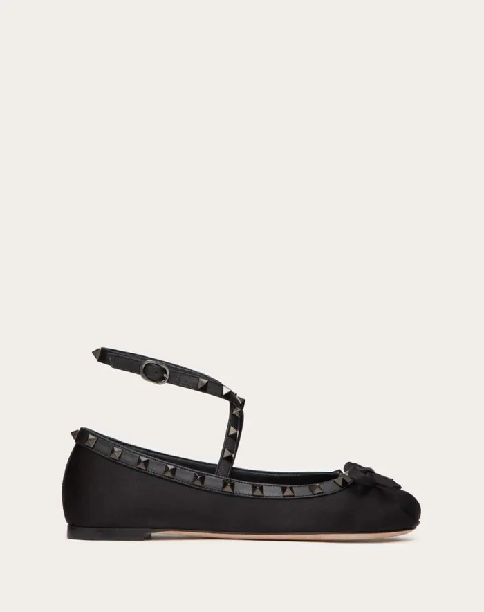 Valentino Ballerinas Woman Rockstud Satin Ballerina With Toneontone Studs For Woman In Black Black Valentino Ballerinas Woman Rockstud Satin Ballerina With Toneontone Studs For Woman In Black Black