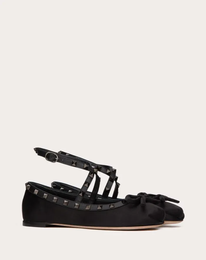Valentino Ballerinas Woman Rockstud Satin Ballerina With Toneontone Studs For Woman In Black Black Valentino Ballerinas Woman Rockstud Satin Ballerina With Toneontone Studs For Woman In Black Black