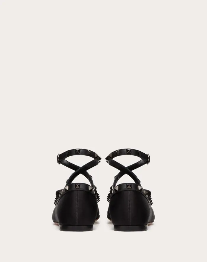 Valentino Ballerinas Woman Rockstud Satin Ballerina With Toneontone Studs For Woman In Black Black Valentino Ballerinas Woman Rockstud Satin Ballerina With Toneontone Studs For Woman In Black Black