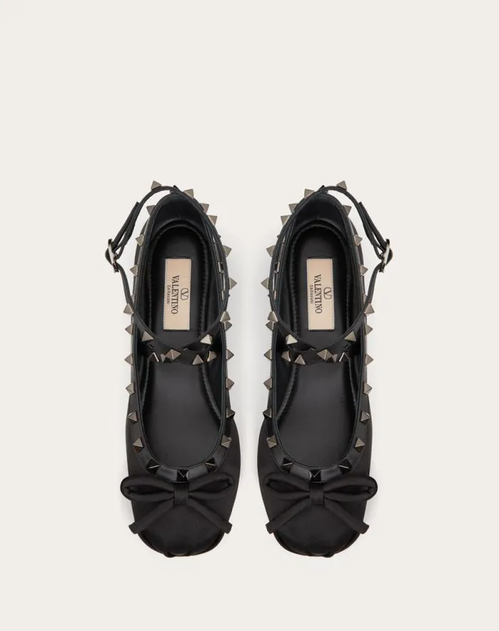 Valentino Ballerinas Woman Rockstud Satin Ballerina With Toneontone Studs For Woman In Black Black Valentino Ballerinas Woman Rockstud Satin Ballerina With Toneontone Studs For Woman In Black Black