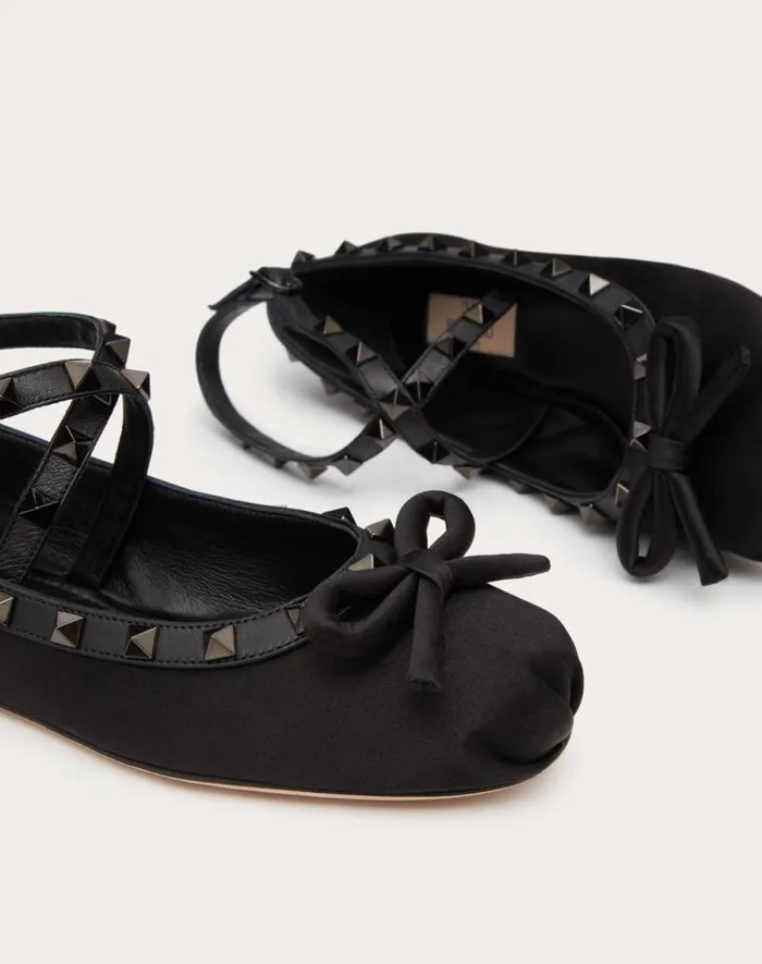 Valentino Ballerinas Woman Rockstud Satin Ballerina With Toneontone Studs For Woman In Black Black Valentino Ballerinas Woman Rockstud Satin Ballerina With Toneontone Studs For Woman In Black Black